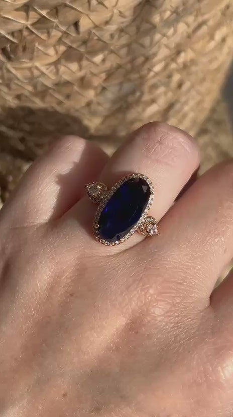 Anel Oval Cristal Azul Safira Ajustável Dourado