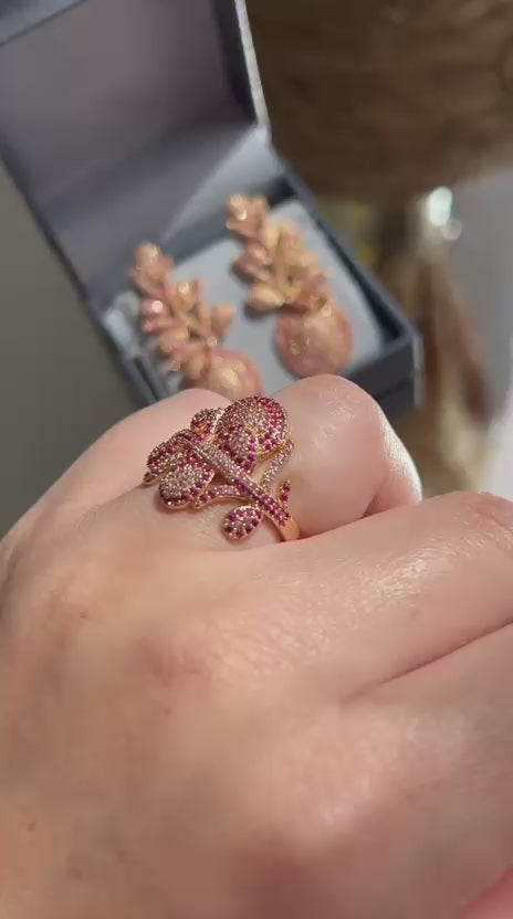 Conjunto Brinco e Anel Safira Rosa